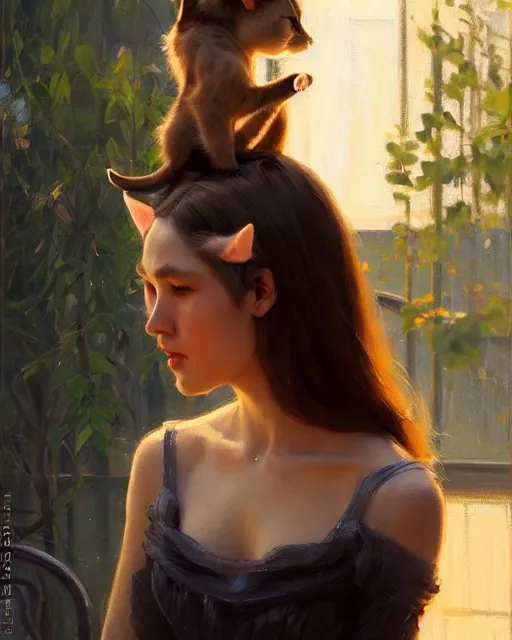 Image similar to a potrait of a girl with small cat ears, fine details. night setting. realistic shaded lighting poster by craig mullism, artgerm, jeremy lipkin and michael garmash, unreal engine, radiant light, detailed and intricate environment, digital art, trending on art station