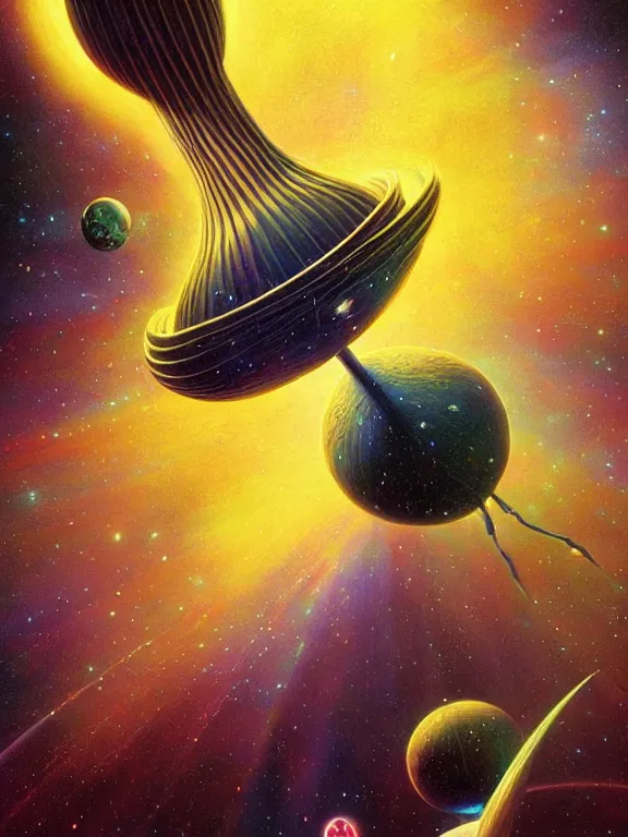 Image similar to round coconut space rocket fly at vanilla orchids galaxy cosmic nebula, style of moebius, vincent di fate, john berkey, michael whelan volumetric light, mega detailed, beautiful composition, beautiful lighting