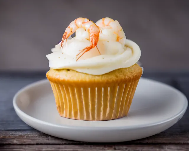 Image similar to dslr food photograph of a cupcake with a shrimp on top, 8 5 mm f 1. 4