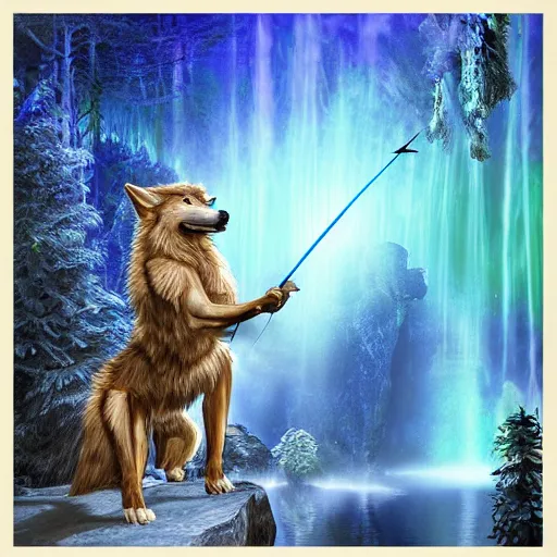 Image similar to humanoid wolf holding an bow and arrow in hand in an enchanted forest with a blue hue and blue fireflie and a waterfall in the distance that magically glows blue, insanely detailed, hyper realistic