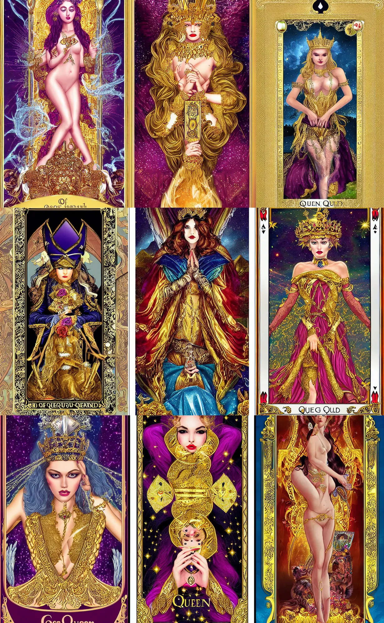 Prompt: queen of diamonds suggestive full color digital fantasy art wallpaper model gold embroidery tarot card