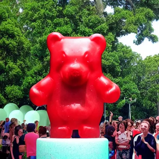 Image similar to stunning image of a giant gummy bear on a pedestal, many people worshipping.