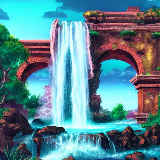 Prompt: ancient structures and waterfalls, retrowave epic art, trending on art station