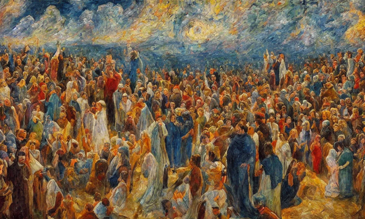 Prompt: a large group of people in kansas watches the biblical end of the world, in the style of minerva teichert, oil on canvas, impasto, visible brushstrokes, watercolor, 8 k scan