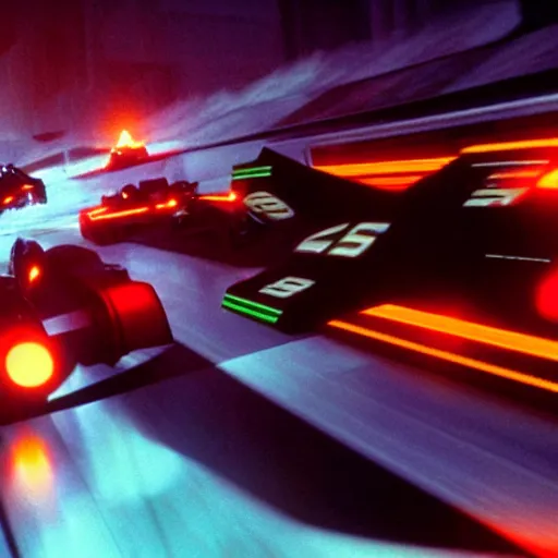 Prompt: still of an F-Zero race, with several hovercrafts racing at high speed, in the movie Blade Runner, cinematic lighting, 4k