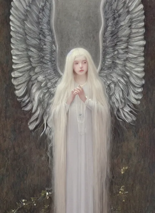 Prompt: tall thin young wan beautiful angel, silver hair so long, pale!, long silver hair, silver angel wings, wan adorable korean face, silver hair!!, style of fernand khnopff and lucien levy - dhurmer, oil on canvas, 1 8 6 2, 4 k resolution, aesthetic!,