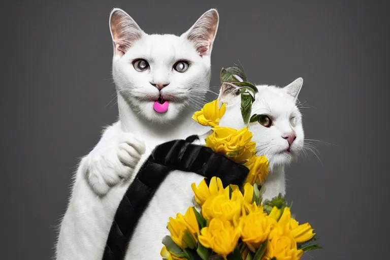 Prompt: wide shot photography of white cat with yellow black fur patterns, carrying a flowers bouquet in her mouth next to a human standing wearing jeans and sneakers, large happy eyes, octane render, photorealistic, 2 4 mm, 8 k