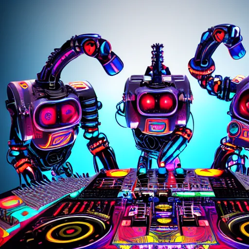 Image similar to album art, the band name is roborock, techno music, band with 3 steampunk futuristic robots on a dj desk with a cd mixer, 8 k, flourescent colors, halluzinogenic, multicolored, exaggerated detailed, front shot, 3 d render, octane