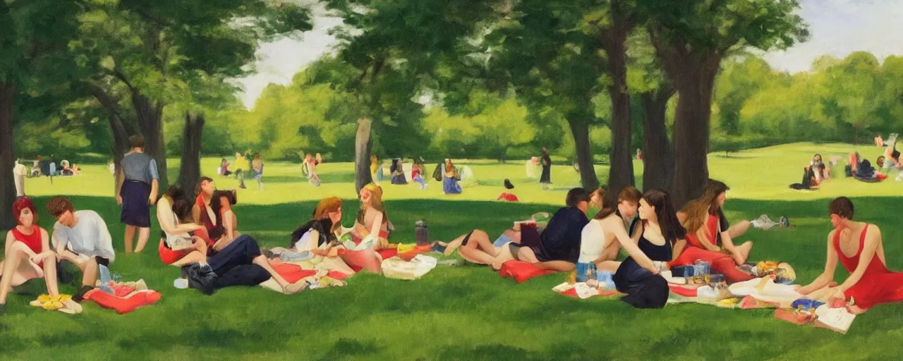 Image similar to a young generation z group of friends having a picnic in a central park manhattan new york on friday mid - summer of 2 0 2 2, in the style of an edward hopper painting