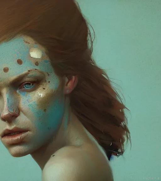 Image similar to portrait of a woman raised on the island face tatooes by greg rutkowski, dynamic lighting, gradient light blue, brown, blonde cream and white color scheme, grunge aesthetic