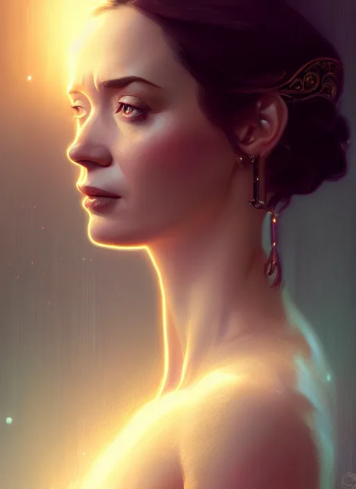 Prompt: portrait of emily blunt, intricate, elegant, glowing lights, highly detailed, digital painting, artstation, glamor pose, concept art, smooth, sharp focus, illustration, art by wlop, alphonse mucha and craig mullins