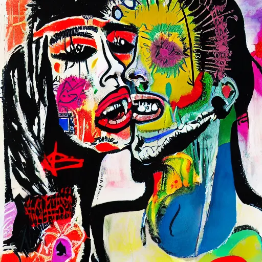 Image similar to acrylic painting of two bizarre psychedelic goth women kissing in japan in summer, speculative evolution, mixed media collage by basquiat and jackson pollock, maximalist magazine collage art, sapphic art, psychedelic illustration