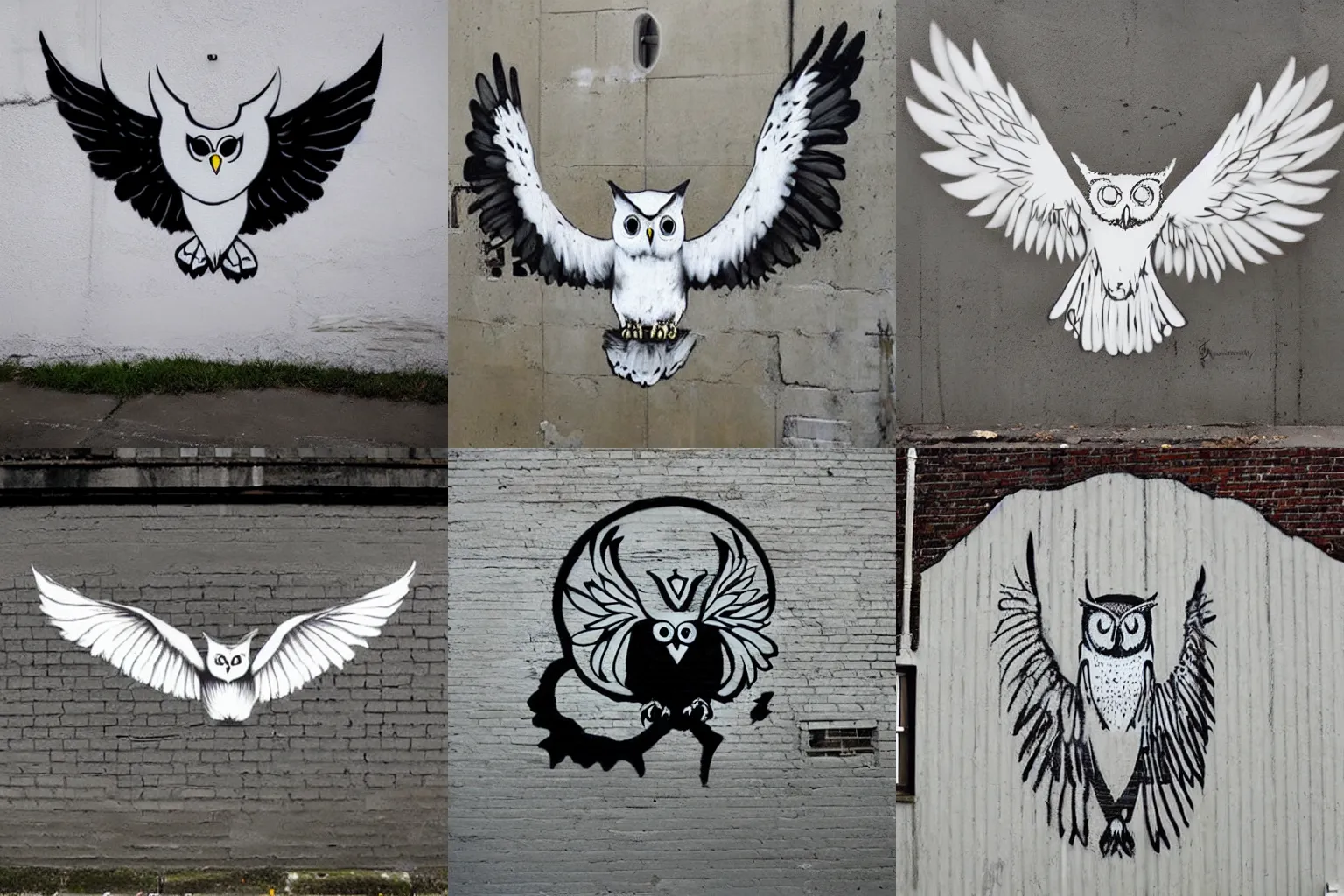 Prompt: flying white owl minimalistic street wall art by banksy