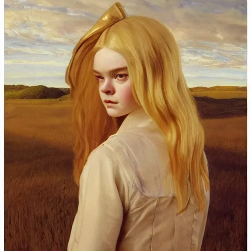 Image similar to Elle Fanning as an Android, head and shoulders, oil on canvas, golden hour, in the world of Andrew Wyeth, artstation, by J. C. Leyendecker and Peter Paul Rubens,