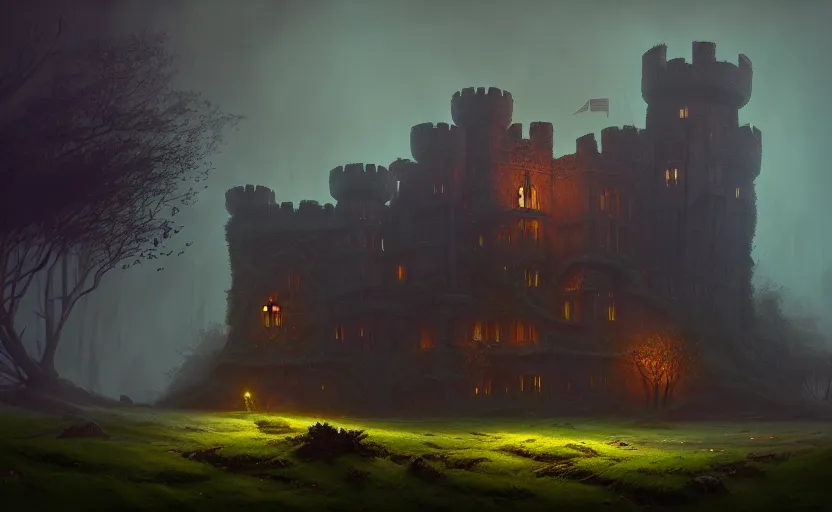 Image similar to an old english castle covered by plants with moody and cinematic lighting by greg ruthkowski and simon stalenhag jama jurabaev, cinematic and atmospheric, concept art, artstation, trending on artstation