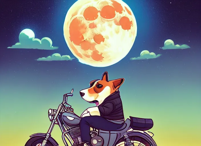 Image similar to a cell shaded cartoon corgi riding a motorcycle, with a big head, on a desert road, wide shot, in front of a big moon, muted colors, post grunge, josan gonzales, wlop, by james jean, victor ngai, hq, deviantart, art by artgerm