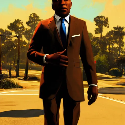 Image similar to A black man in a stylish suit in a grand theft auto 5 loading screen , art by Albert Bierstadt and James Gurney, highly detailed, digital painting, matte painting, concept art, illustration, oppressive lighting, trending on artstation, very detailed