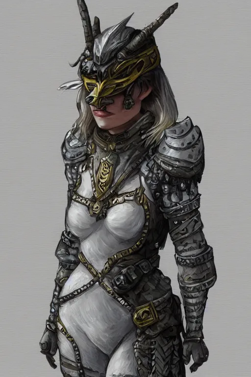 Image similar to female adventurer in tight full - body sticky note stack paper chainmail - style armor and a white porcelain crow mask, trending in artstation, japanese, artstation, establishing shot