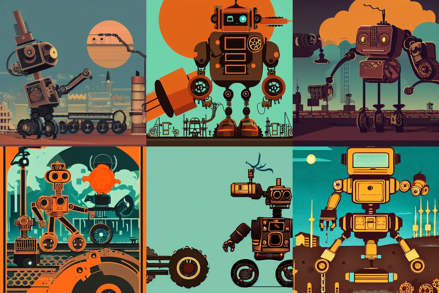 Prompt: a detailed steampunk roboter with wheels instead of feet. the robot larger than a human. an industry landscape with smoke in the background. style of Tom Whalen, dark surroundings