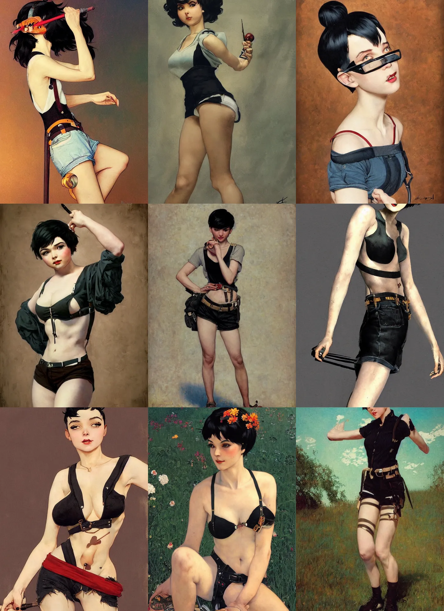 Image similar to a woman with black hair pixie cut in shorts with suspenders drawn by kuvshinov ilya, norman rockwell, frank frazetta, peter paul rubens, alphonse mucha, gustav klimt 4k, unreal 5, DAZ, french noveau, trending on artstation, octane render, hyperrealistic