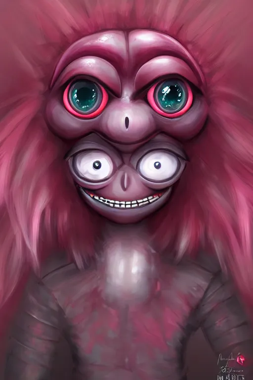 Prompt: a humanoid figure raspberry monster, large eyes and smug smile, highly detailed, digital art, sharp focus, trending on art station, anime art style