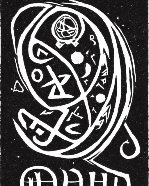 Image similar to alien alchemical alphabet with many symbols and even spaces between each one, stamped in black ink on off white paper, set type