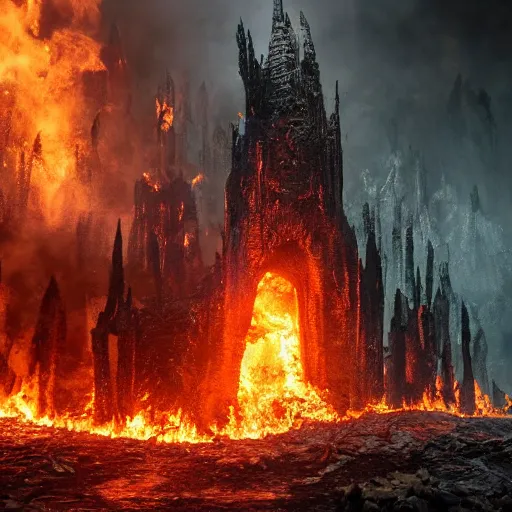 Prompt: hyperrealistic photograph of the black castle of rotbog swamp burned to the ground, fire, giant bones, dim volumetric lighting, octane beautifully detailed render, extremely hyper detailed, intricate, epic composition, cinematic lighting, masterpiece, trending on artstation, very detailed, stunning, hdr, smooth, sharp focus, high resolution, award, winning photo