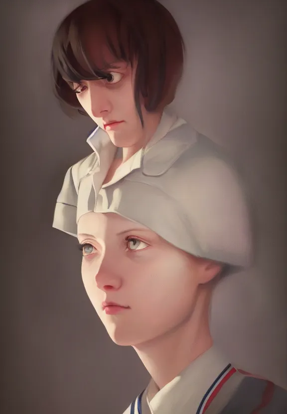 Prompt: a portrait of a tired female nurse in world war 2, 1 9 4 0 setting, sad colors, soft lighting, atmospheric, cinematic, moody, in the style of ilya kuvshinov, range murata, luiz escanuela, alyssa monk, hyperrealism, rule of thirds, oil on canvas, 8 k