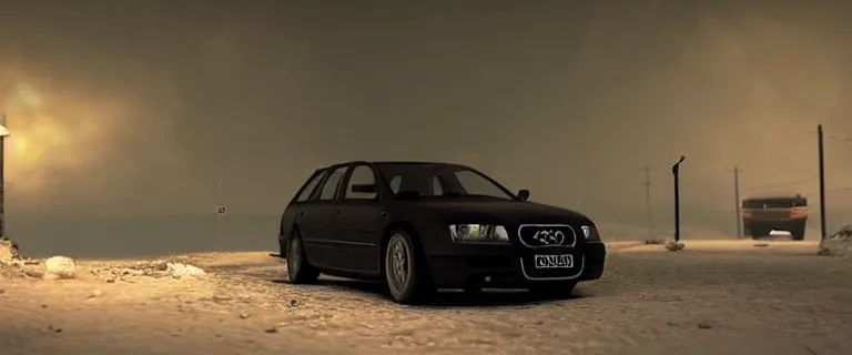 Image similar to Audi A4 B6 Avant (2002), a gritty neo-noir, dramatic lighting, cinematic, eerie person silhouette, death, homicide, homicide in the snow, gunshots, establishing shot, extremely high detail, photorealistic, cinematic lighting, artstation, by simon stalenhag, Max Payne (PC) (2001) winter new york at night, Max Payne 2 graphic novel style, flashing lights, Poets of the Fall - Late Goodbye