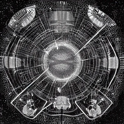 Prompt: a black and white drawing of a space station filled with equipment, a microscopic photo by ernst haeckel, zbrush central, kinetic pointillism, bioluminescence, intricate patterns, photoillustration