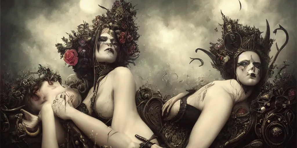 Image similar to By Tom Bagshaw, ultra realist soft painting of curiosities carnival by night, very beautiful horn single female gothic wearing corset sleeping on a overlord of the dead bed, partial symmetry features, very intricate details, omnious sky, black and white, volumetric light clouds