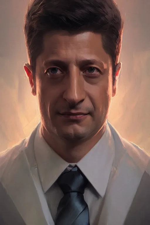 Image similar to zelensky as president, portrait, highly detailed, digital painting, artstation, concept art, smooth, sharp focus, illustration, cinematic lighting, art by artgerm and greg rutkowski and alphonse mucha