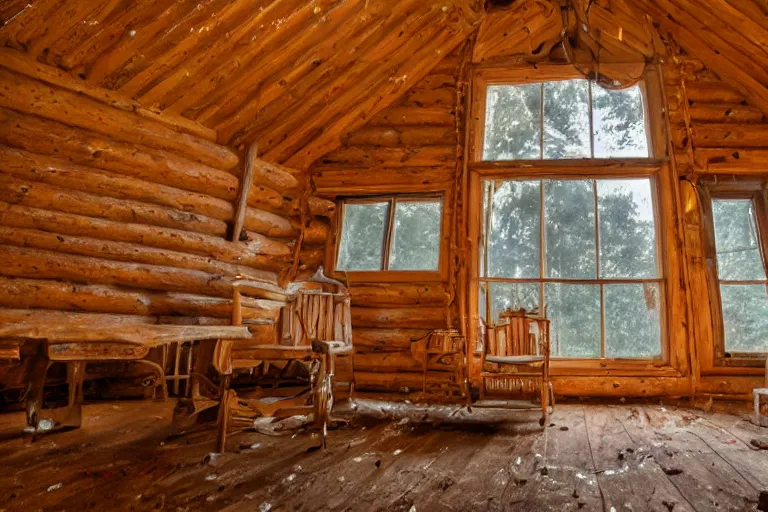 Image similar to a film production still, 2 8 mm, wide shot of a cabin interior, wooden furniture, cobwebs, spiderwebs, dynamic volumetric lighting, abandoned, depth of field, cinematic