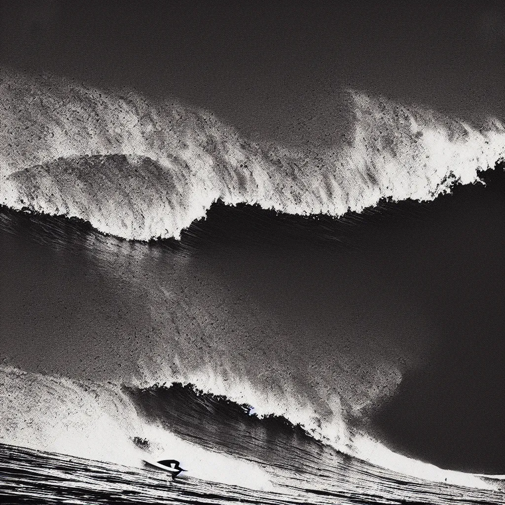 Image similar to surfing wave, mads berg, karolis strautniekas, film noir, stippled light, dramatic lighting, editorial illustration, detailed, fine texture, matte print, art deco, brutalism, dark blue + dark orange, red, black, ( ( habitat 6 7 background ) )