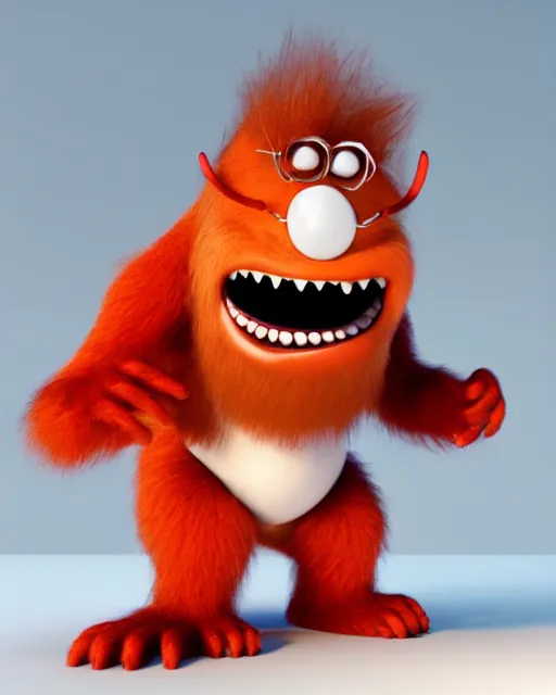 Image similar to 3 d render of completely red hairy friendly smiling antropomorphic creature wearing chrome shades, without nose, full body, standing on 2 feet, in the style of pixar, white background, unreal engine 5, octane render, highly detailed hdr