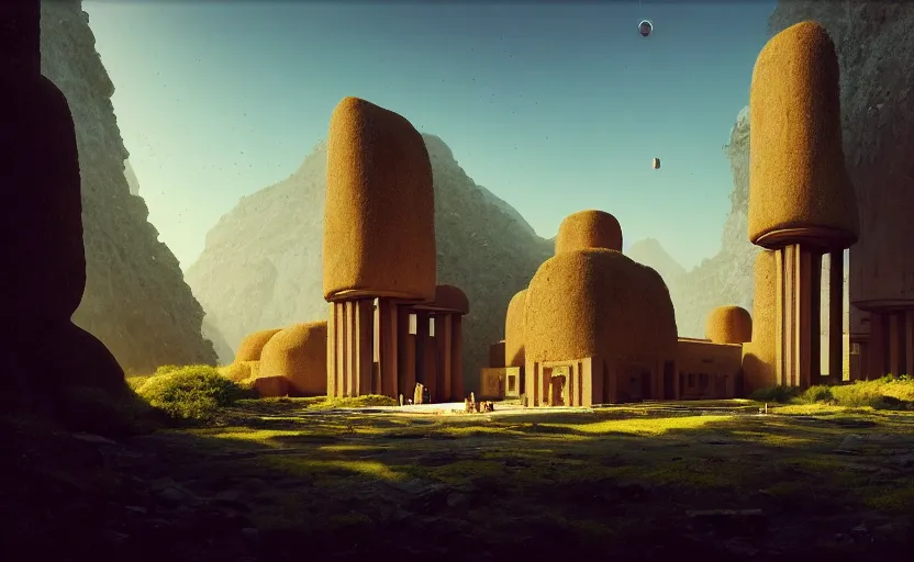 Prompt: exterior shot of utopian ancient persian temple hill with cinematic lighting by peter zumthor and renzo piano, darek zabrocki and greg ruthkowski, simon stalenhag, cinematic, holy place, paradise, scifi, futurism, atmospheric, concept art, artstation, trending on artstation