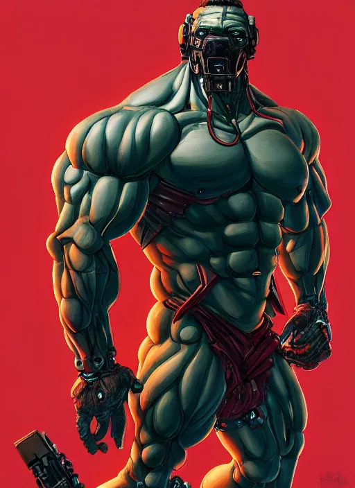 Prompt: Full body portrait of an extremely muscular, very buff, huge mutant man with a creepy cybernetic mask. He Is wearing only a loincloth. In style of Yoji Shinkawa and Hyung-tae Kim, trending on ArtStation, dark fantasy, great composition, concept art, highly detailed. Colourful.