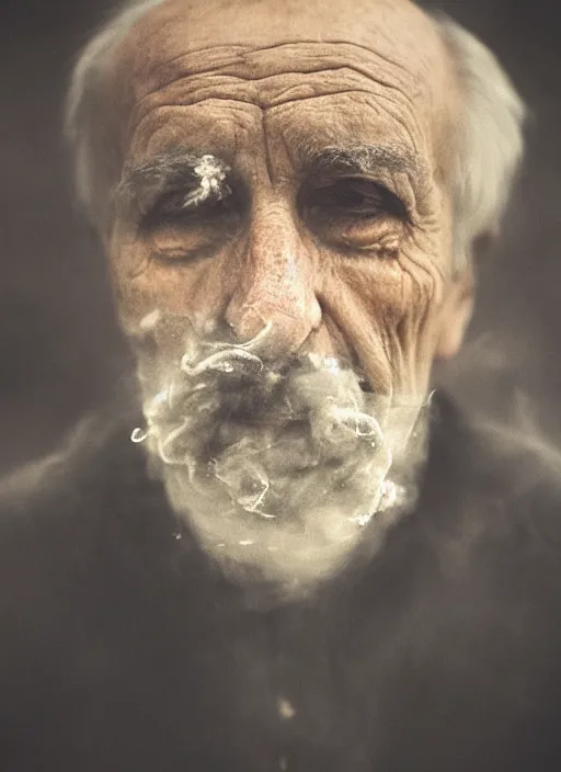 Prompt: Portrait of an old man made of smoke