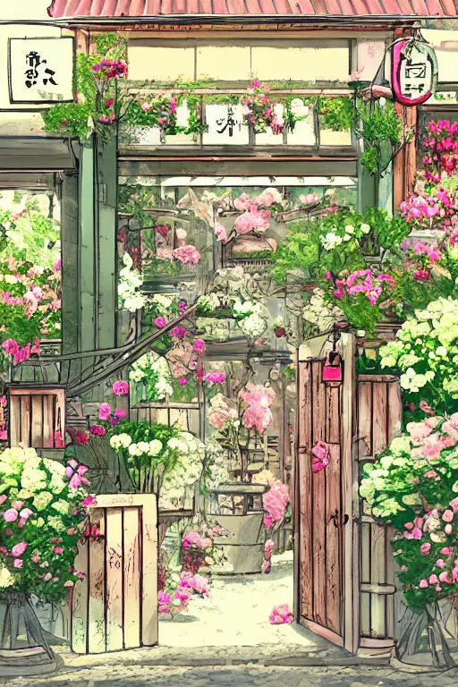 Image similar to a little flower shop's front gate, nostalgic, refreshing, digital illustration, pixiv