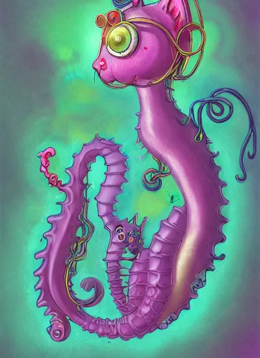 Prompt: cat seahorse fursona wearing headphones, autistic bisexual graphic designer, long haired attractive androgynous coherent detailed character design, weirdcore voidpunk digital art by cory loftis, delphin enjolras, leonetto cappiello, louis wain, furaffinity, cgsociety, trending on deviantart
