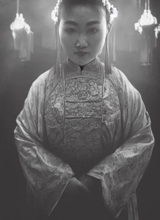 Image similar to old vintage photo of godly Chinese ancient sentiel standing in the ancient temple during magical ritual, symmetrical face, big eyes and lips, looking down, subtle makeup, clean face and body skin,ecstatic expression,volumetric lights,depth of field, lens flares, dust in the air, moody lighting, intricate, elegant, highly detailed, centered, smooth, sharp focus, Donato Giancola, Joseph Christian Leyendecker, WLOP, Boris Vallejo, Artgerm moody photography, old photo, black and white, sepia, cinematic lighting, cinematic angle, national geographic