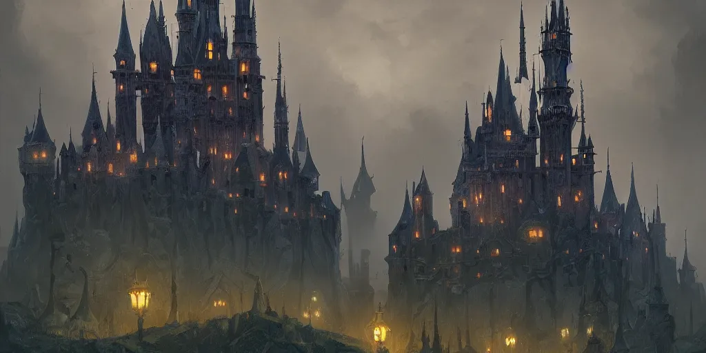 Prompt: A dark version of the disney castle, by Andreas Rocha + Ted Nasmith, dark, cinematic lighting, masterpiece, highly detailed, 8k resolution, trending on art station