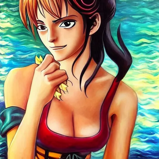 Image similar to beautiful emma watson cosplay as nami from one piece, oil painting, full body.