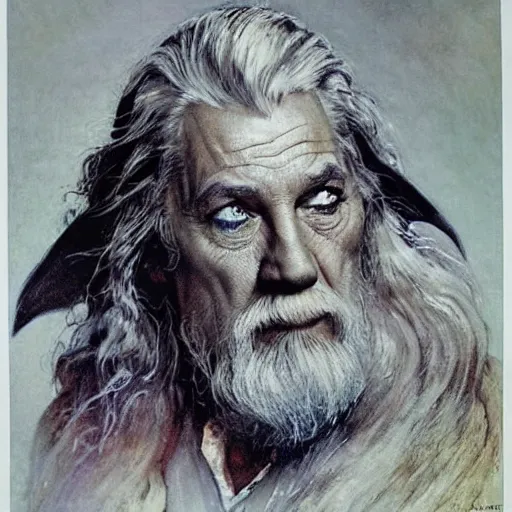 Image similar to Gandalf Stormcloak head and shoulders portrait by norman Rockwell, epic