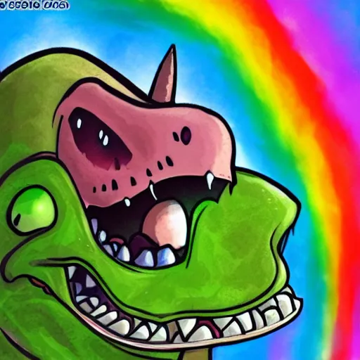 Prompt: chibi dinosaur puking rainbow, anime, portrait, fantasy art