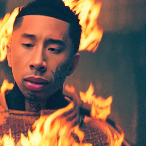Prompt: cinematic film still of Tyga starring as a Samurai holding fire, Japanese CGI, VFX, 2022, 40mm lens, shallow depth of field,film photography