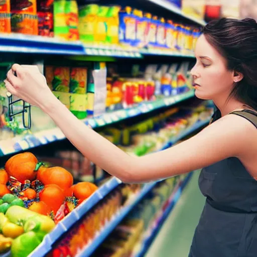 Prompt: a woman in a supermarket trying to reach for something on the top shelf, storybook illustration, monochromatic