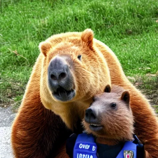 Prompt: capybara policeman arresting a bear