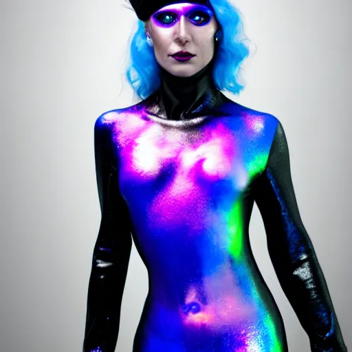 Image similar to a pirate, she is wearing iridescent bodypaint and futuristic space clothes