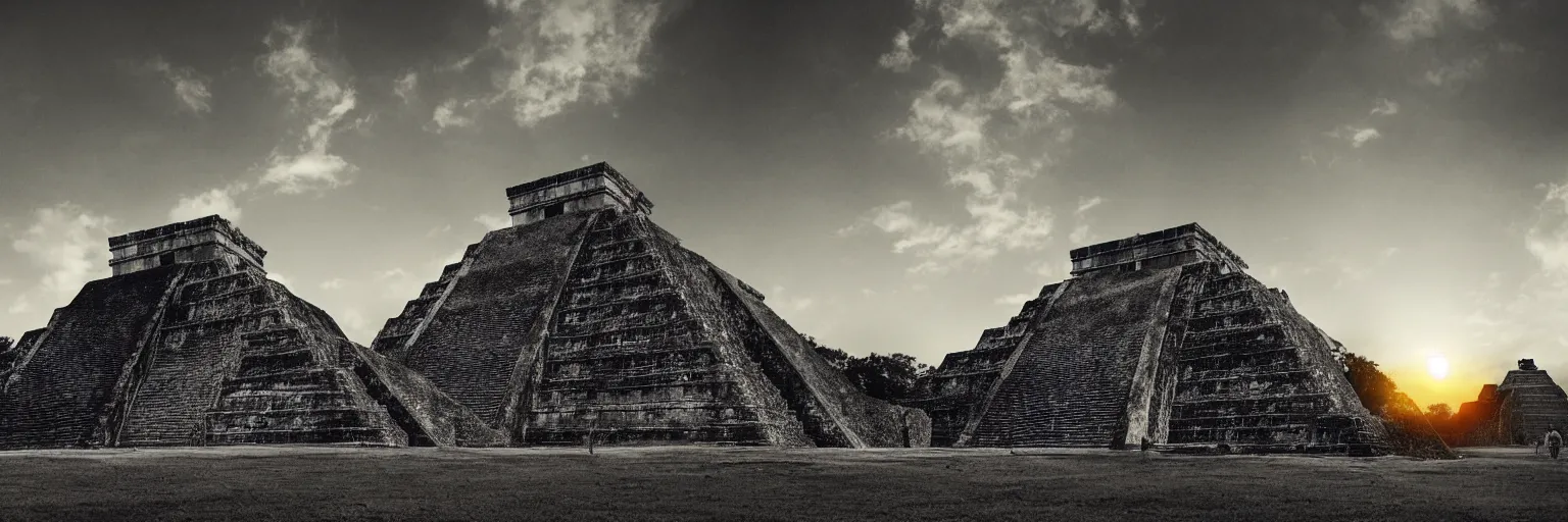 Prompt: sunset over the ruins of the Mayan pyramids, high contrast, artstation, digital art, sharp focus, landscape